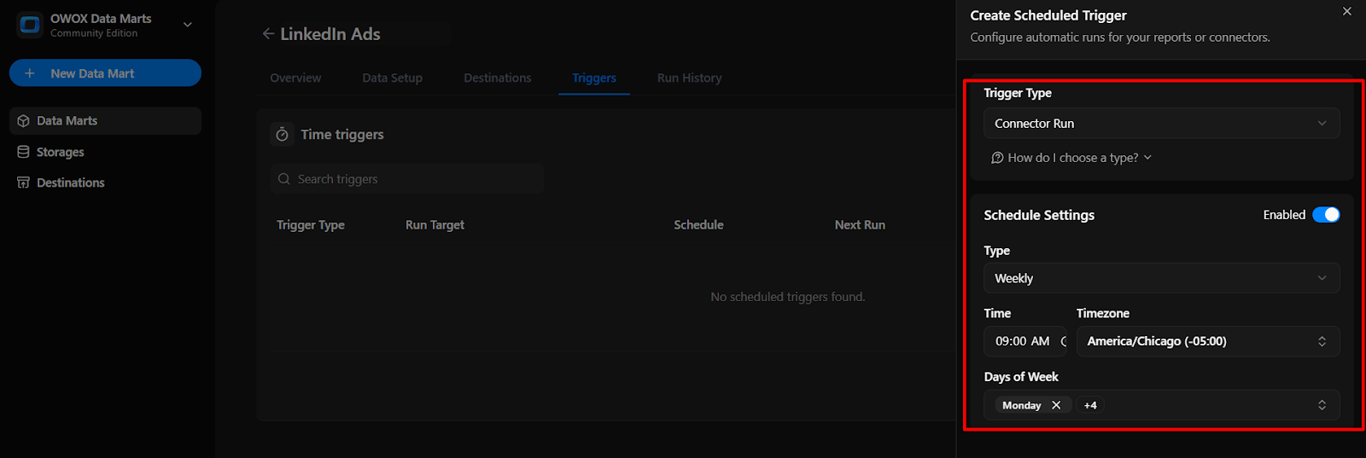 Scheduled trigger setup screen in OWOX Data Marts showing trigger type and scheduling options for automating data runs. i-shadow