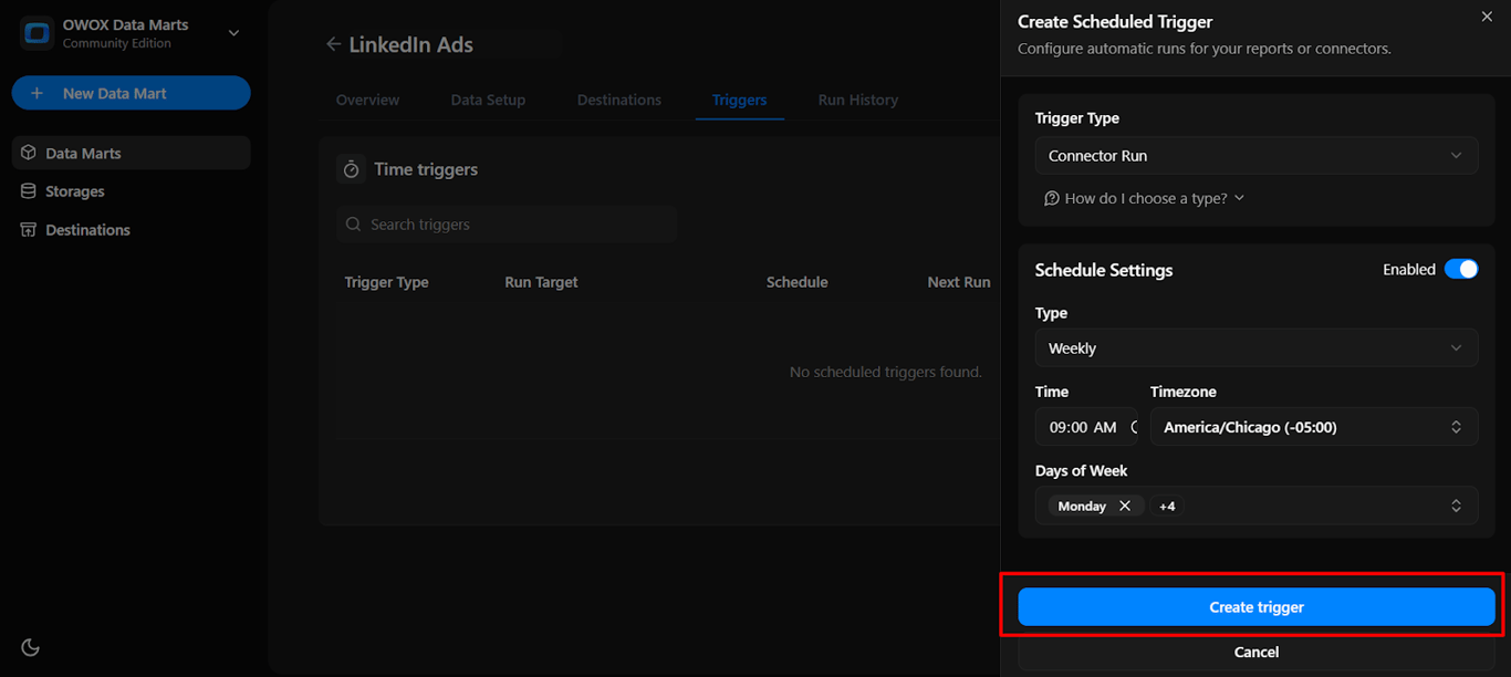 OWOX Data Marts time trigger setup showing schedule details and the ‘Create trigger’ button to automate data refresh based on the selected configuration.  i-shadow