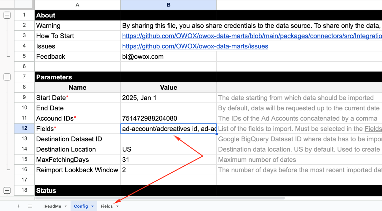 Arrow linking the Fields input in the config tab to the “Fields” tab in the spreadsheet. i-shadow