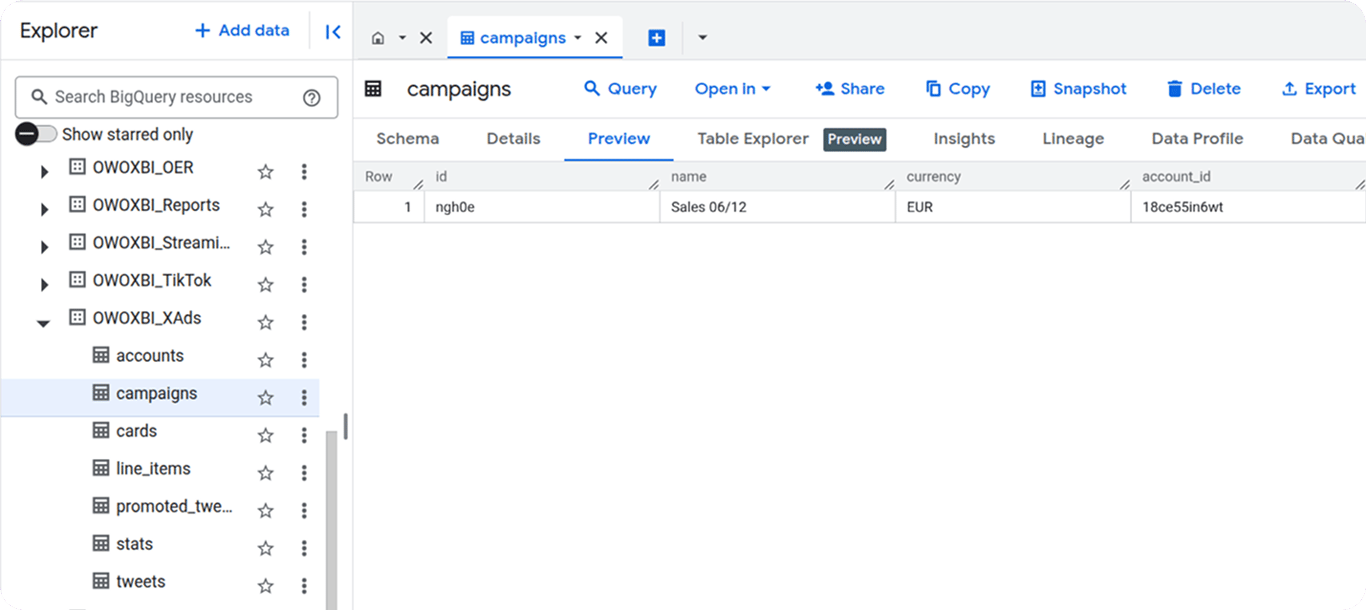 BigQuery showing “campaigns” table with one row of ad data under the OWOXBI_XAds dataset. i-shadow i-radius