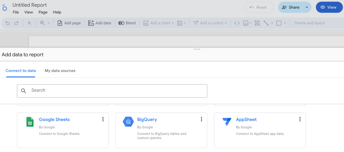 Interface in Looker Studio showing data source options like Google Sheets, BigQuery, and AppSheet for dashboard setup. i-shadow