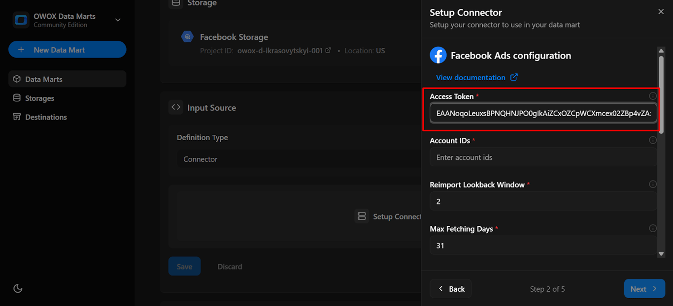 OWOX connector configuration panel with the Facebook Ads access token field filled in for authentication. i-shadow