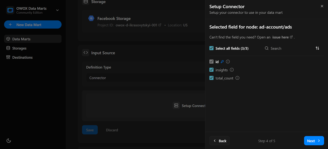 List of available fields from Facebook Ads API to include in the connector. i-shadow
