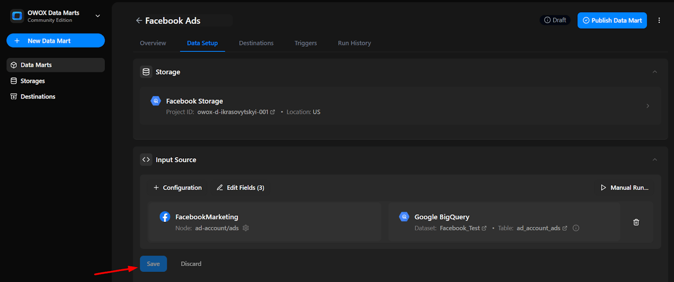 OWOX Data Marts configuration screen showing successful mapping between Facebook Ads and BigQuery table with a Save button. i-shadow