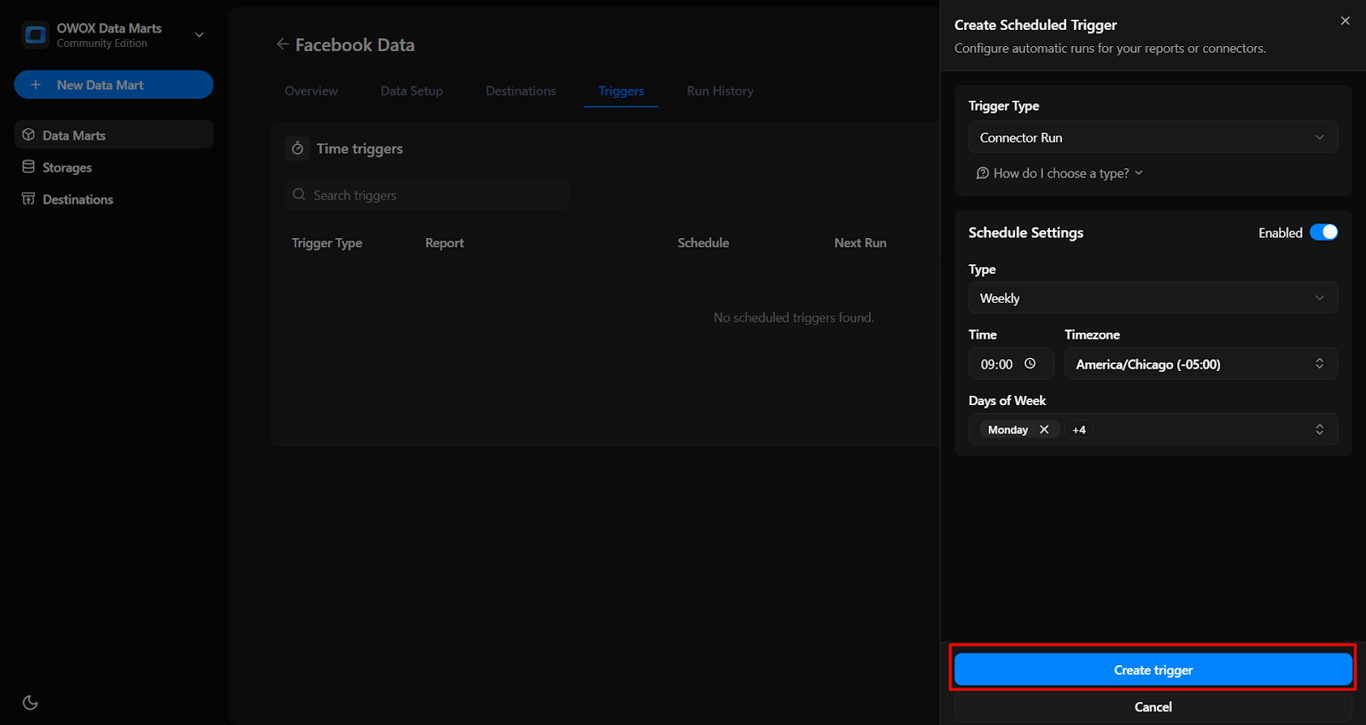 OWOX Data Marts time trigger setup showing schedule details and the ‘Create trigger’ button to automate data refresh based on the selected configuration. i-shadow