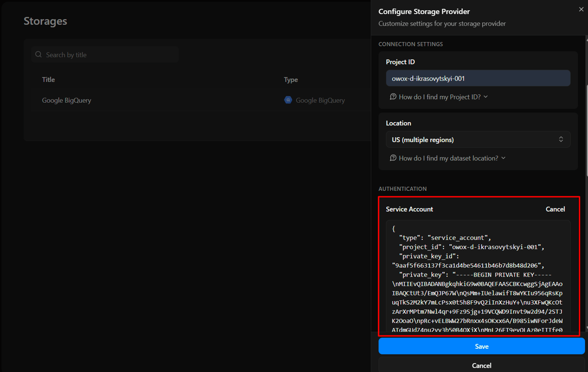OWOX connector configuration labeled ‘OWOX Service Account JSON Field’ where users paste their service account key for authentication. i-shadow
