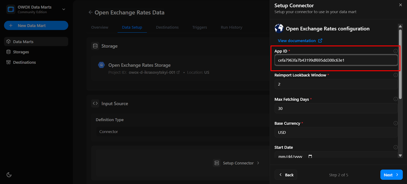 OWOX connector configuration panel with the Open Exchange Rates app ID field filled in for authentication. i-shadow