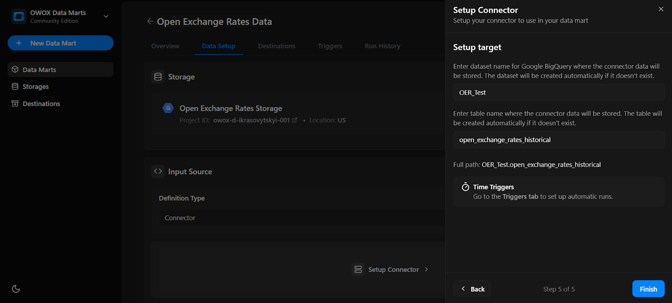 Final setup screen showing the target dataset and table path in BigQuery with time triggers hint enabled. i-shadow