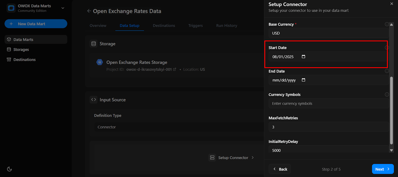 Connector configuration form with the Start Date field set to 2025-08-01 for fetching data from Open Exchange Rates. i-shadow