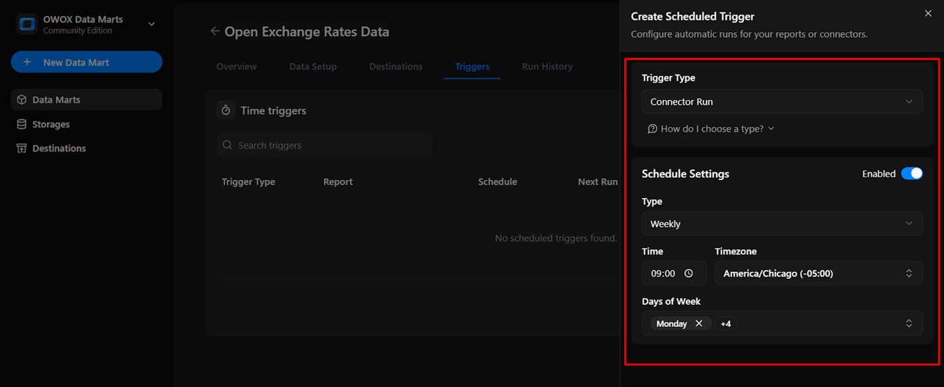 Scheduled trigger setup screen in OWOX Data Marts showing trigger type and scheduling options for automating data runs. i-shadow