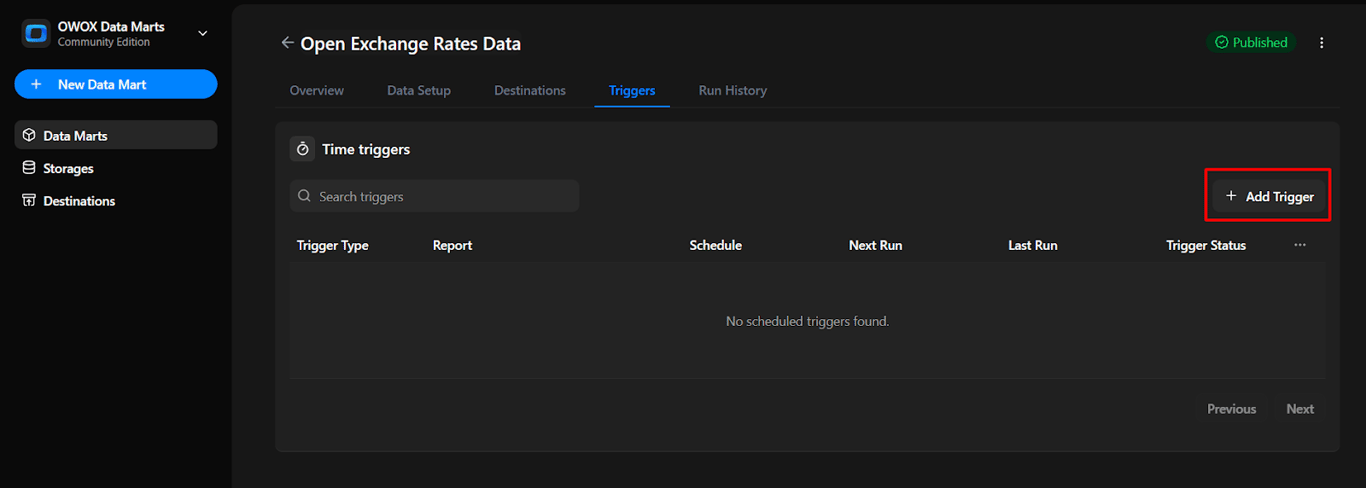Triggers tab in OWOX Data Marts showing the option to add a new time trigger. i-shadow