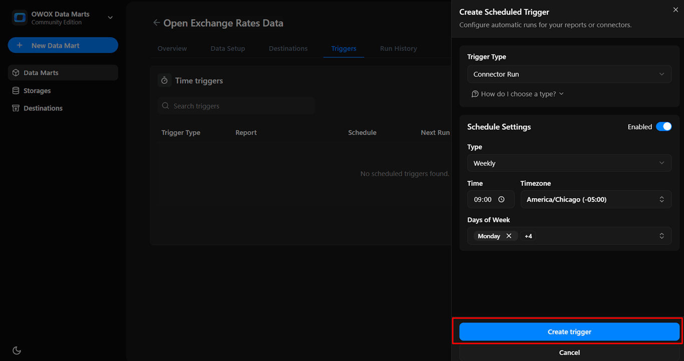OWOX Data Marts time trigger setup showing schedule details and the ‘Create trigger’ button to automate data refresh based on the selected configuration. i-shadow