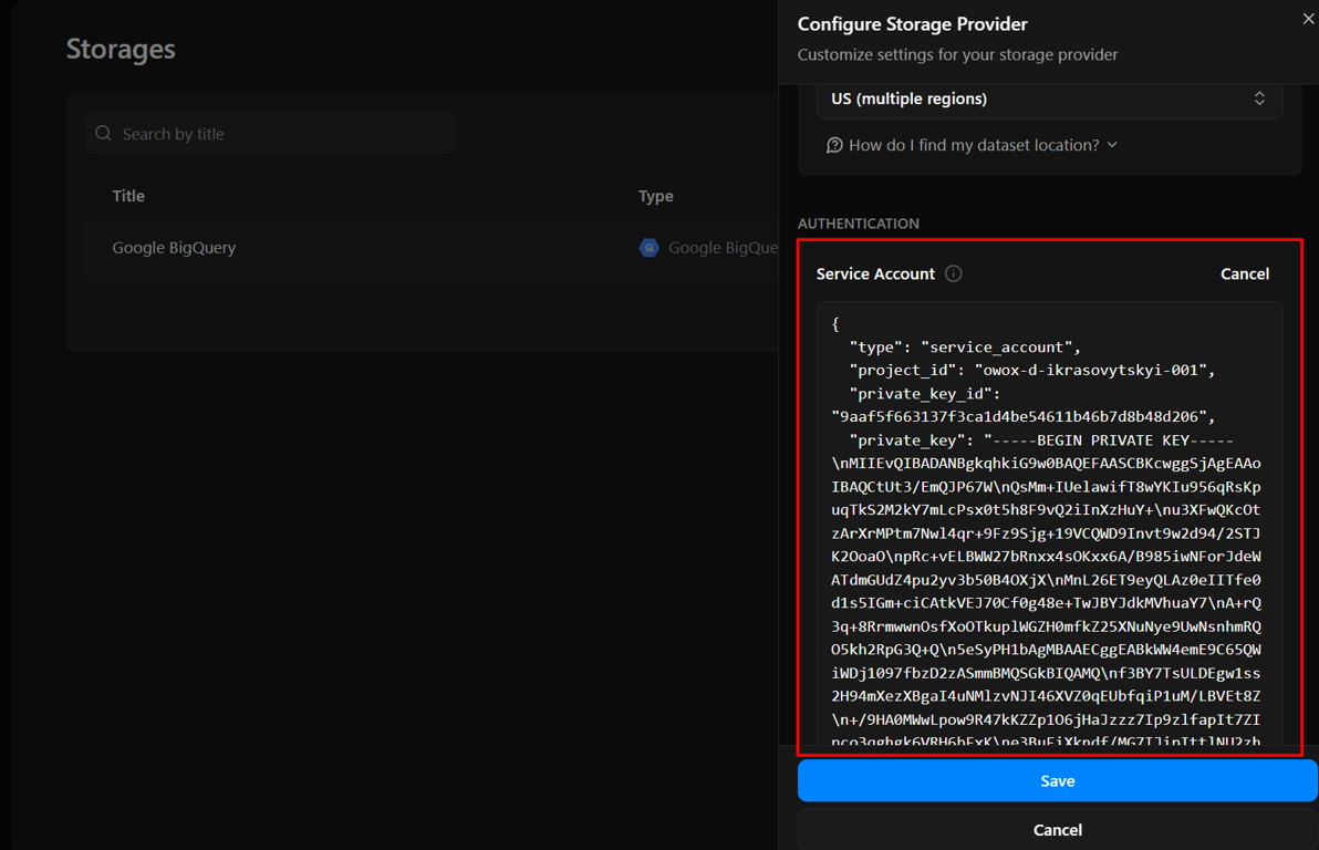 OWOX connector configuration labeled ‘OWOX Service Account JSON Field’ where users paste their service account key for authentication. i-shadow