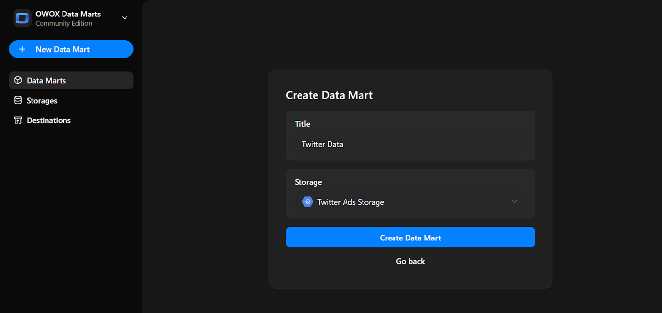 Create Data Mart screen with title set to “ Twitter Data” and storage selected as “Twitter Ads Storage”. i-shadow
