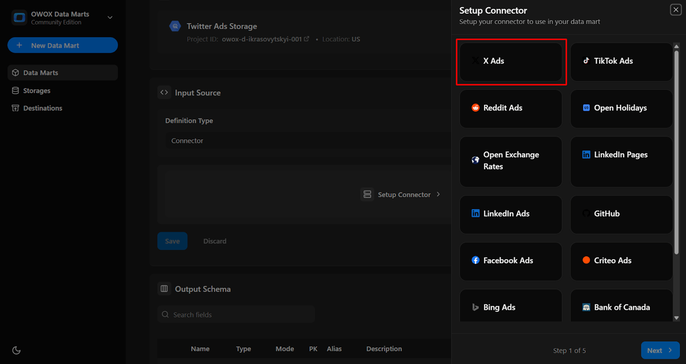  Setup Connector panel in OWOX Data Marts with X Ads selected as the connector source. i-shadow