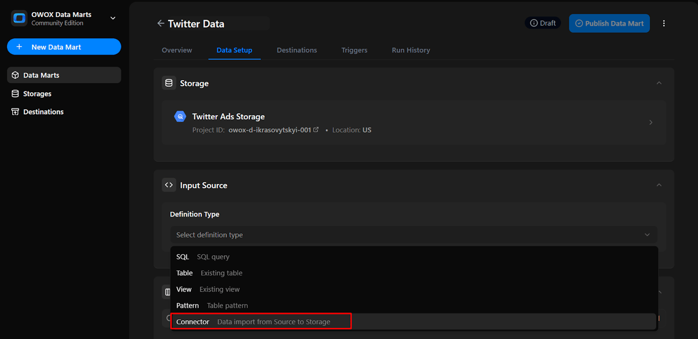 Input Setup section in OWOX Data Marts with ‘Connector’ selected as the definition type for the data source. i-shadow