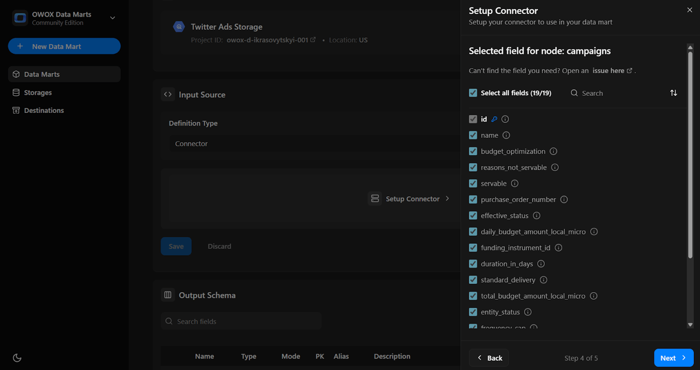 List of available fields from Twitter Ads API to include in the connector. i-shadow