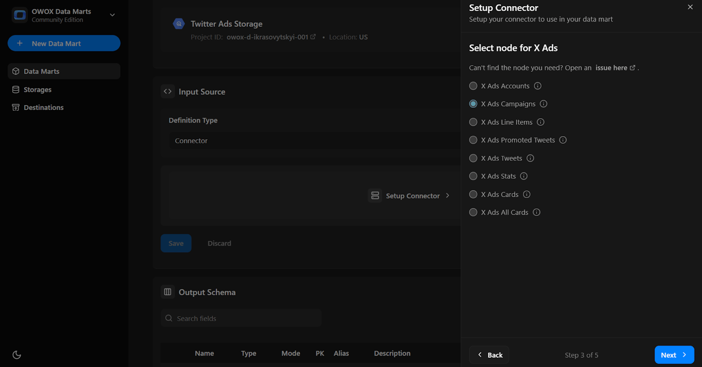 Node selection menu for Twitter Ads with options like X ad-account. i-shadow