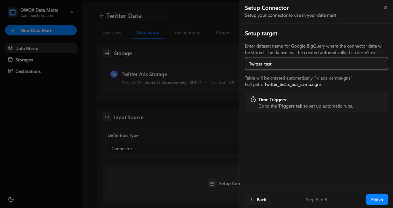 Final setup screen showing the target dataset and table path in BigQuery with time triggers hint enabled. i-shadow