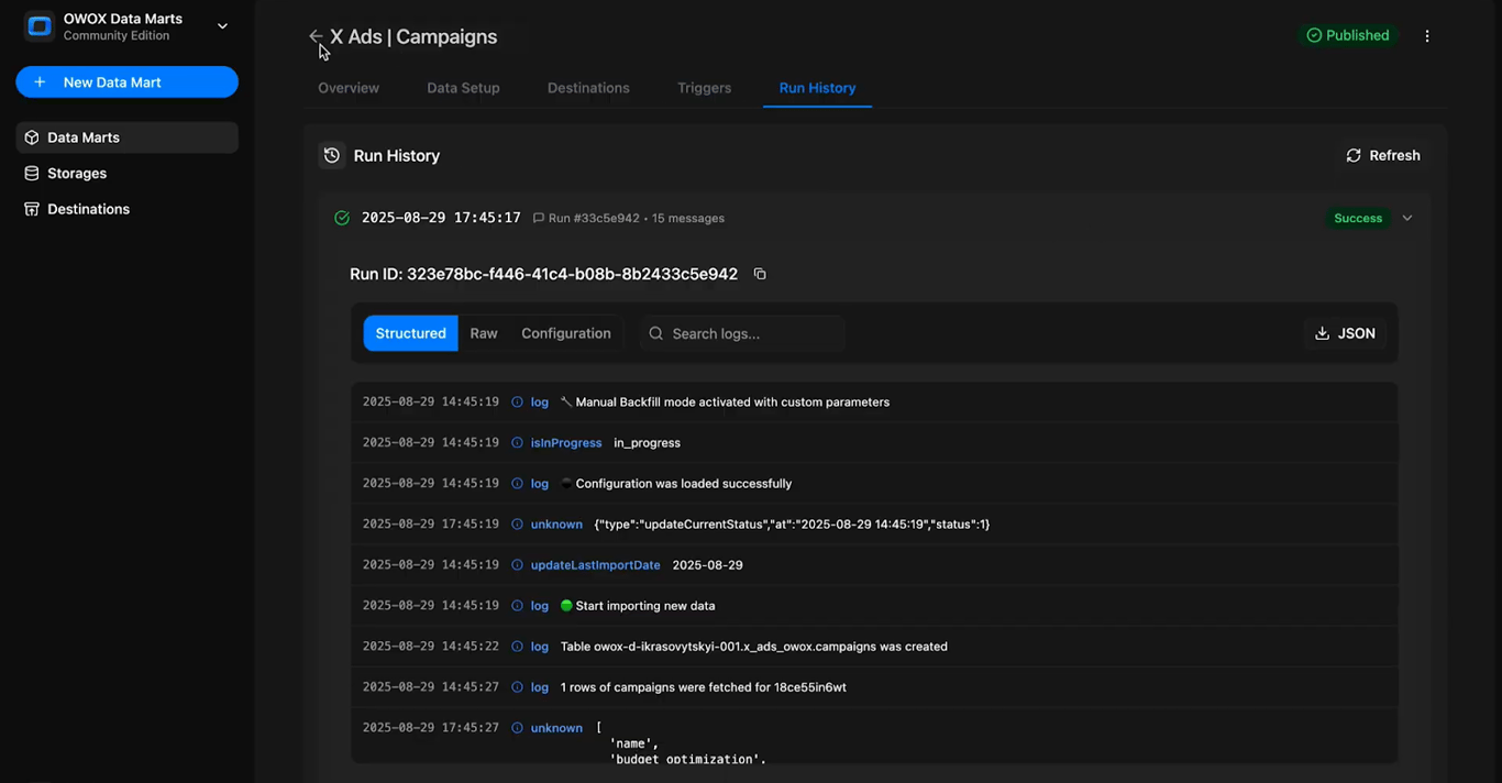 Run History tab in OWOX Data Marts displaying the status message ‘Import is finished’. i-shadow