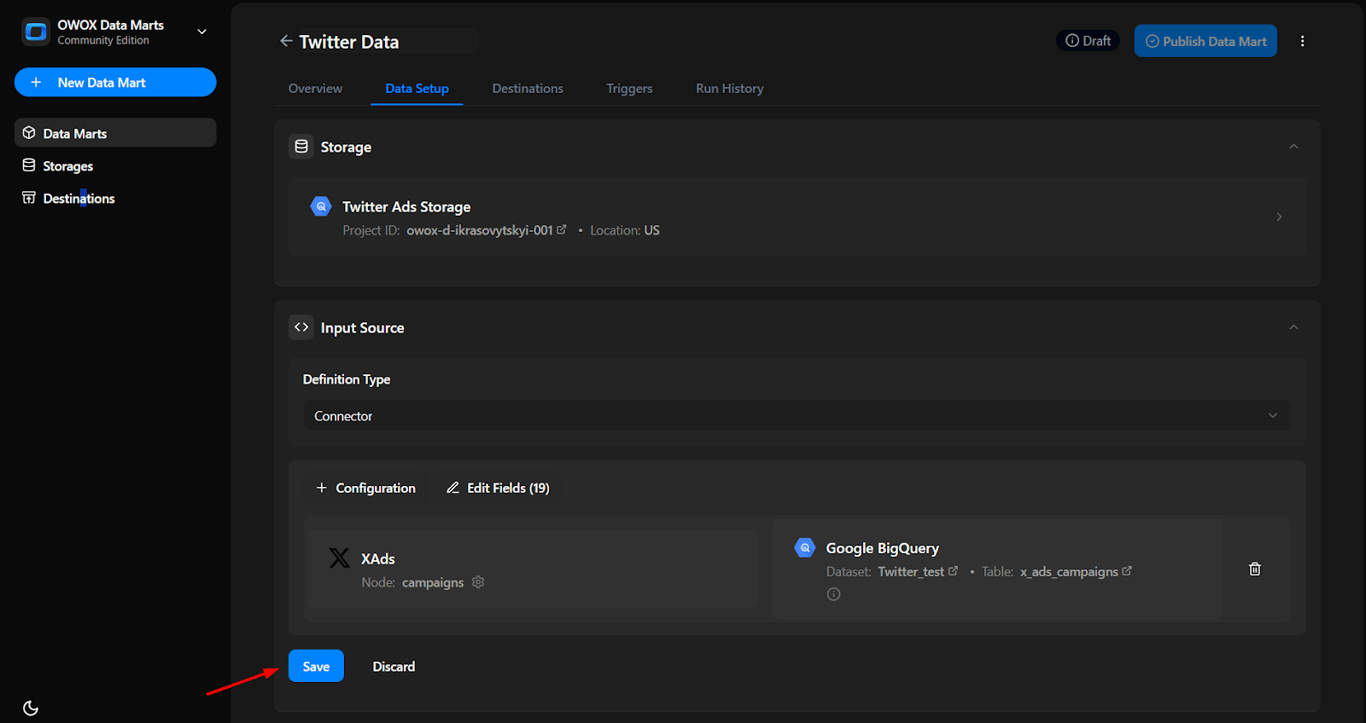  OWOX Data Marts configuration screen showing successful mapping between Twitter Ads and BigQuery table with a Save button. i-shadow