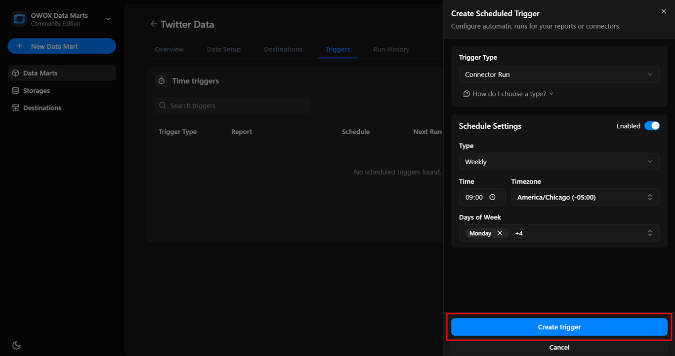 OWOX Data Marts time trigger setup showing schedule details and the ‘Create trigger’ button to automate data refresh based on the selected configuration.  i-shadow