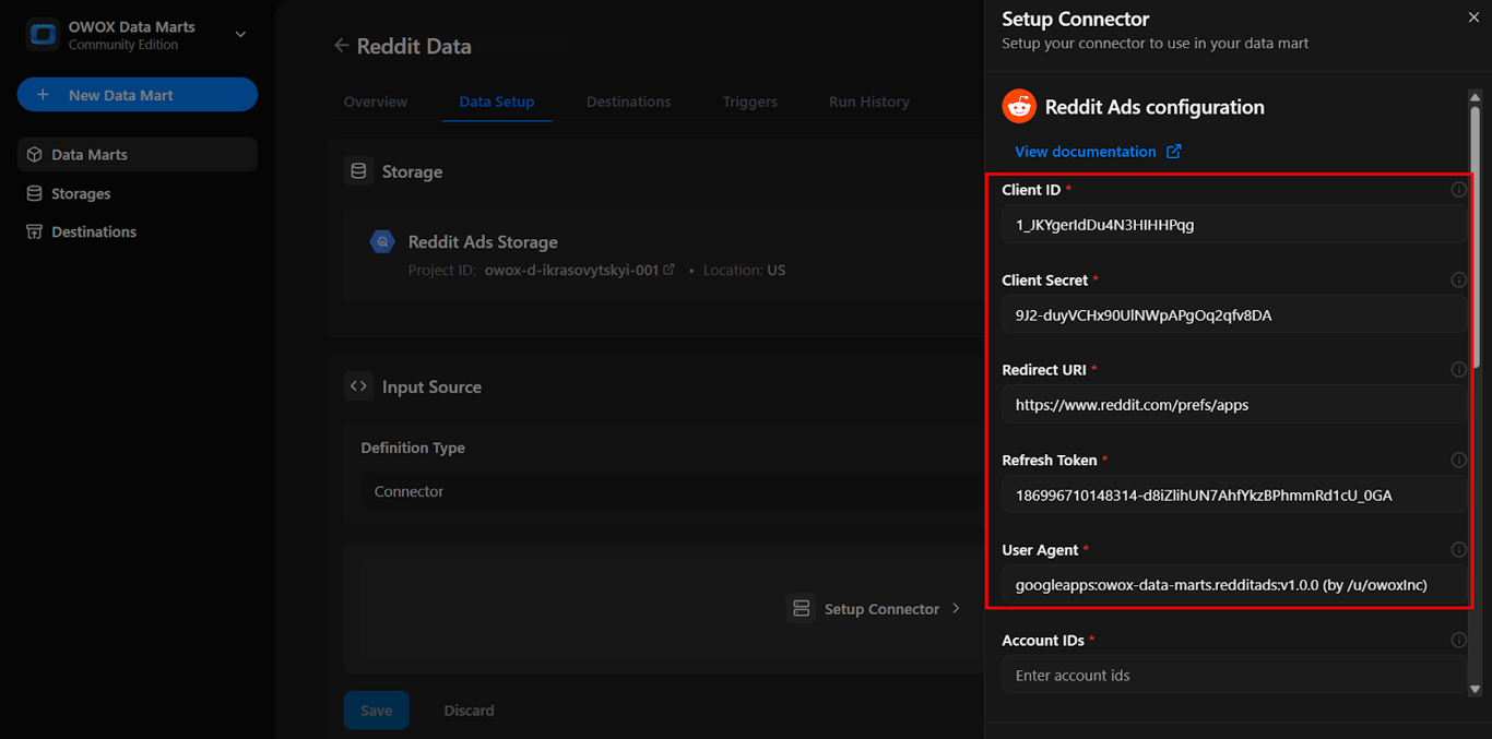 OWOX connector configuration panel with the Reddit Ads access token and Client ID field filled in for authentication.  i-shadow