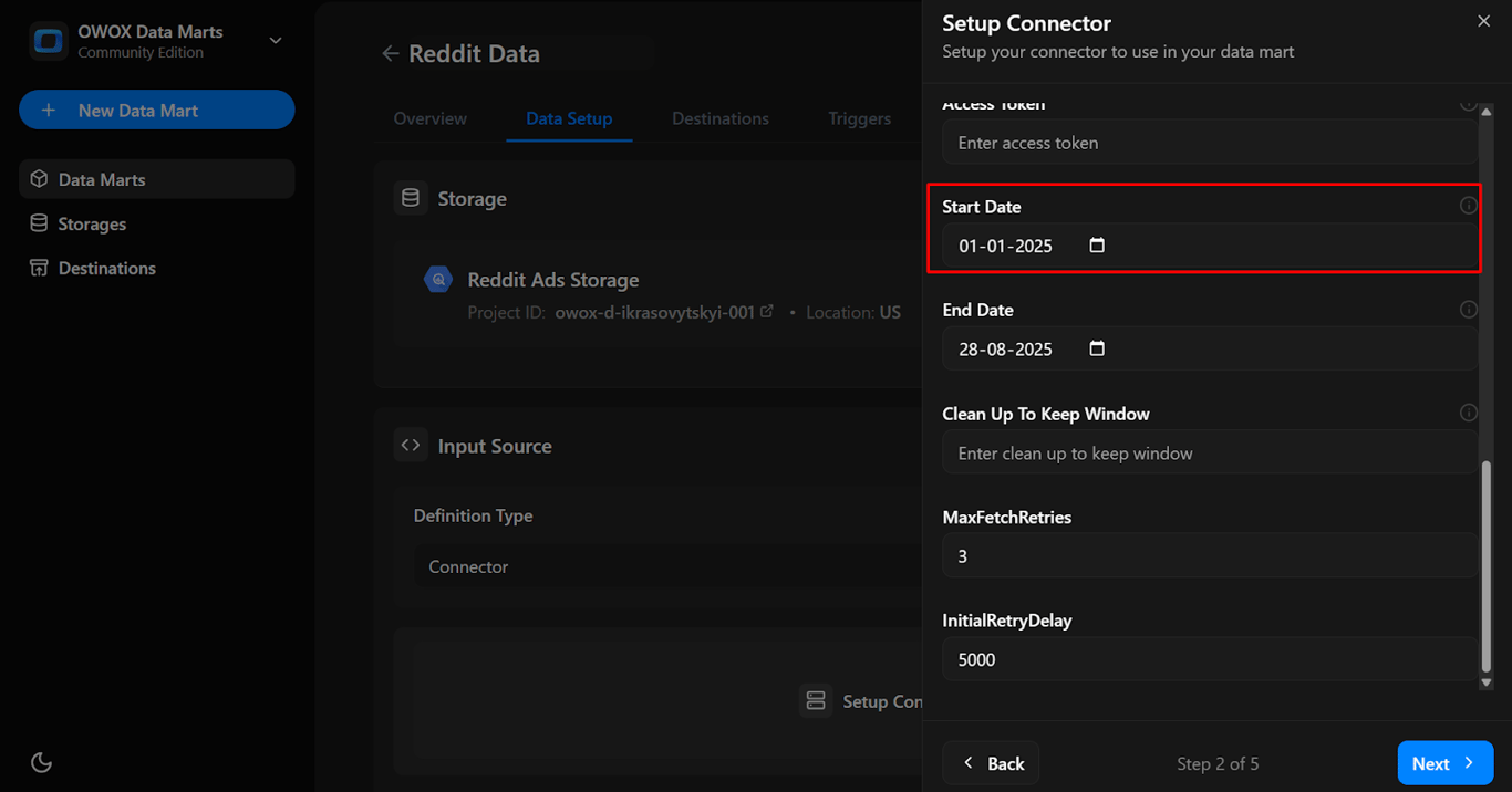 Connector configuration form with the Start Date field set to 2025-01-01 for fetching data from Reddit Ads. i-shadow