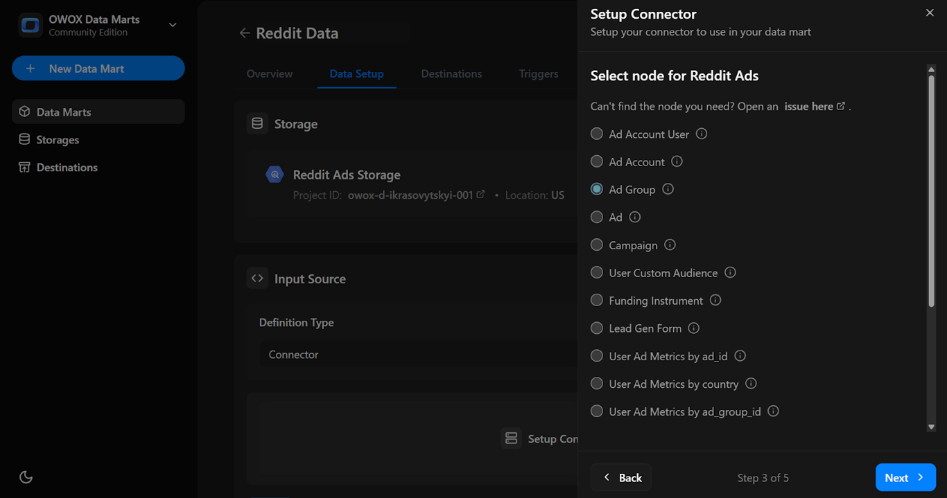 Node selection menu for Reddit Ads with options like Ad Group. i-shadow