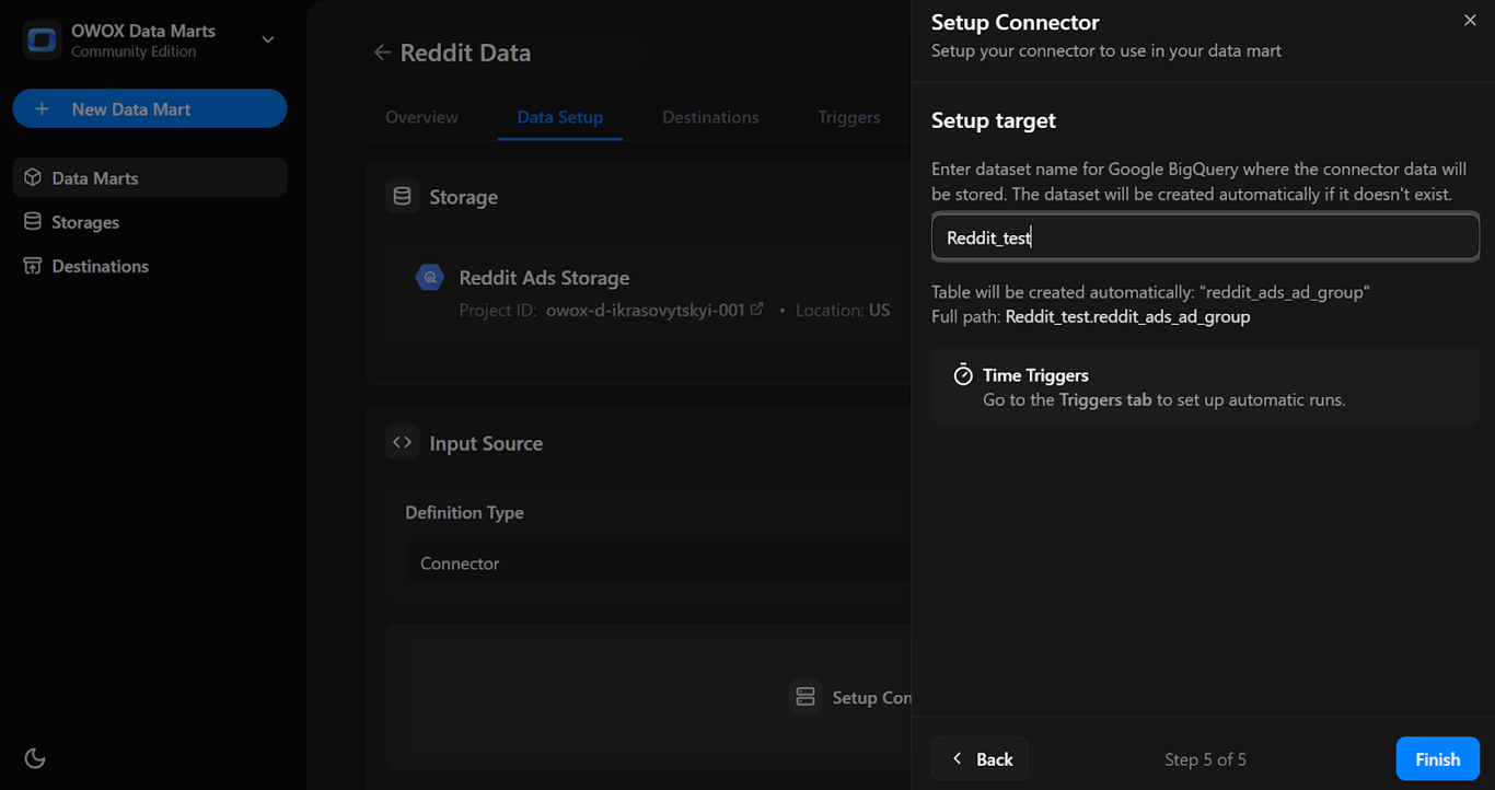 Final setup screen showing the target dataset and table path in BigQuery with time triggers hint enabled. i-shadow
