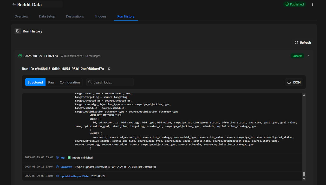 Run History tab in OWOX Data Marts displaying the status message ‘Import is finished’. i-shadow