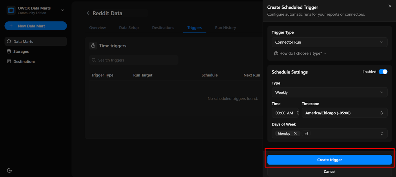 OWOX Data Marts time trigger setup showing schedule details and the ‘Create trigger’ button to automate data refresh based on the selected configuration.  i-shadow