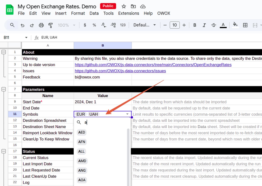 Open Exchange Rates connector in Google Sheets, where multiple currencies are selected for daily FX data import. i-border