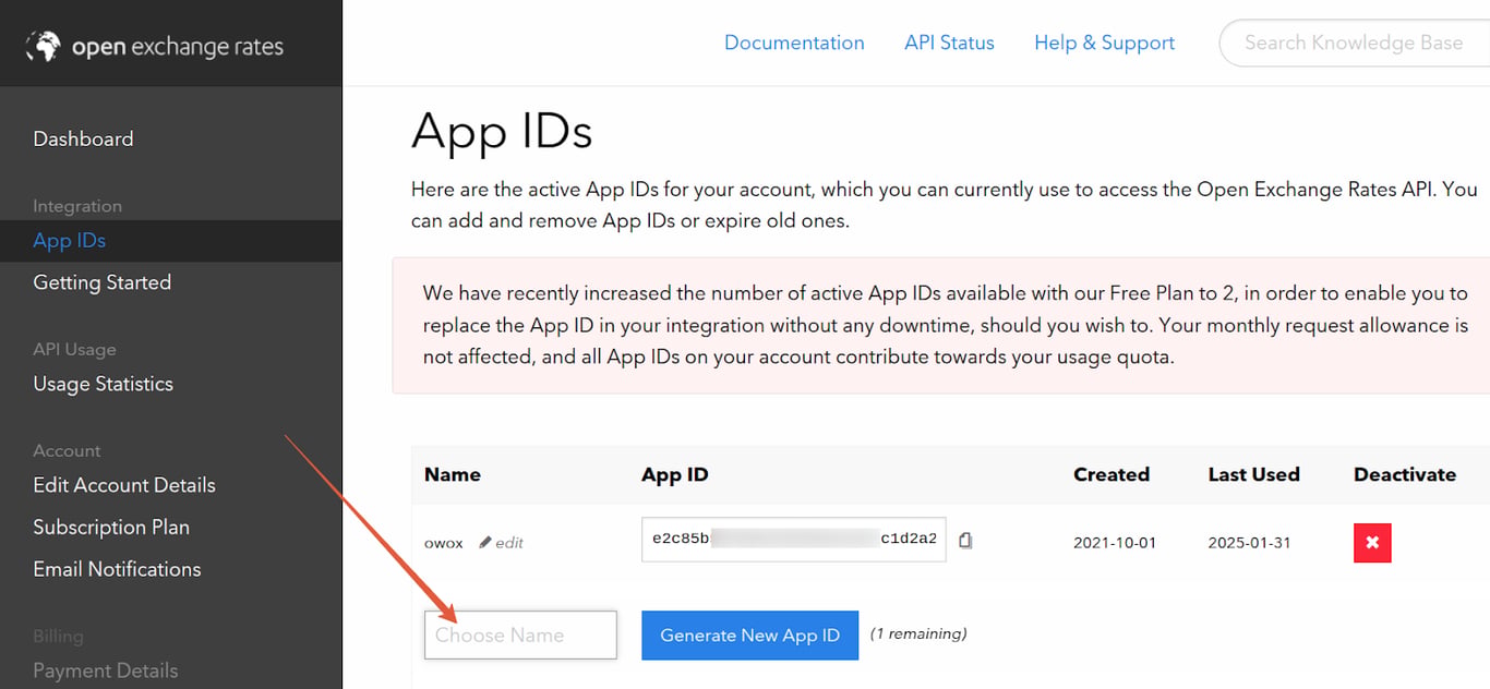 Open Exchange Rates dashboard displaying App IDs section with option to generate a new App ID for API authentication. i-shadow