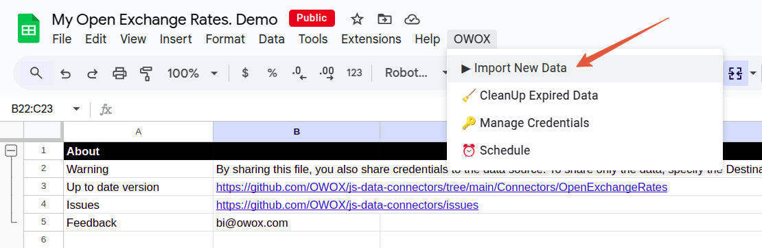 Google Sheets OWOX menu with Import New Data option highlighted for pulling fresh exchange rate records. i-border