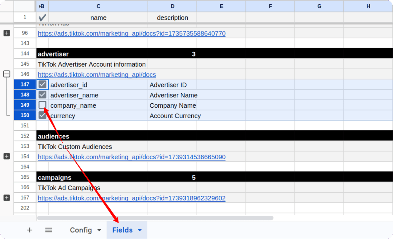  Fields tab in Google Sheets showing TikTok Ads connector configuration, where fields can be selected for export. i-border i-radius