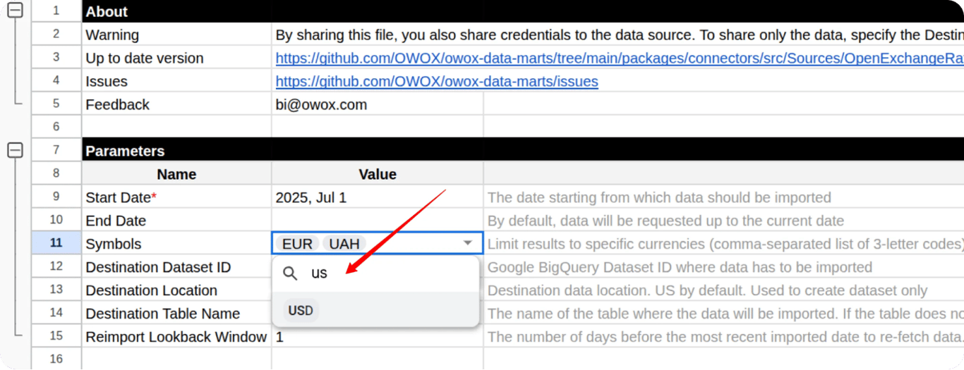 Open Exchange Rates connector in Google Sheets where multiple currencies are selected for daily FX data import. i-radius i-border