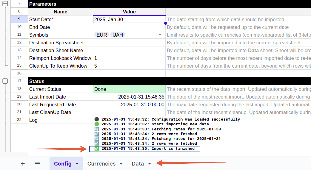 Google Sheets configuration tab showing Open Exchange Rates connector setup with successful log messages indicating data import is finished. i-border