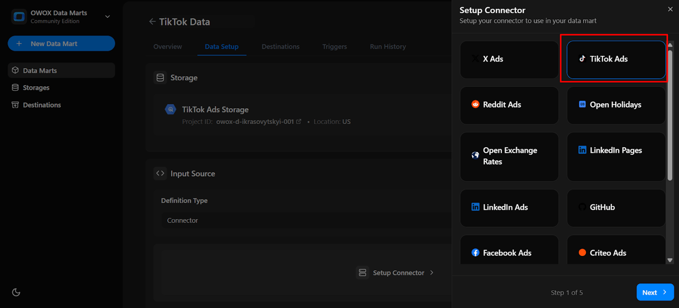 Setup Connector panel in OWOX Data Marts with TikTok Ads selected as the connector source. i-shadow