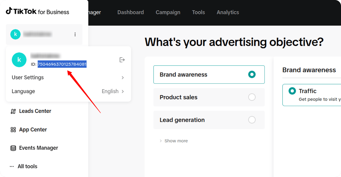 Viewing the TikTok Advertiser ID under the user profile in the TikTok Ads dashboard. i-shadow