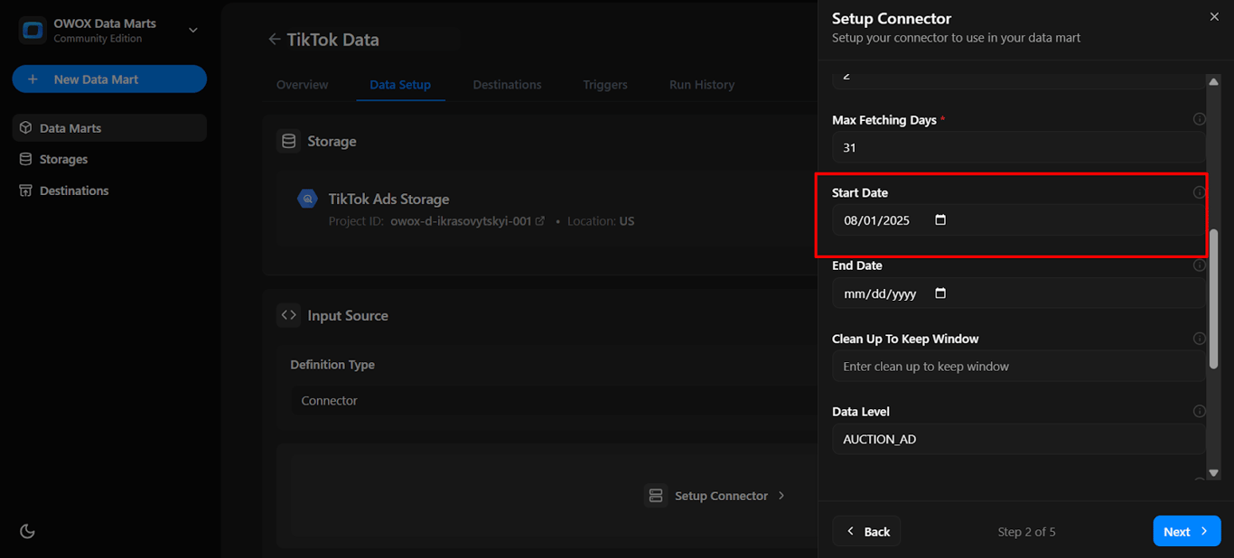 Connector configuration form with the Start Date field set to 2025-07-01 for fetching data from TikTok Ads. i-shadow