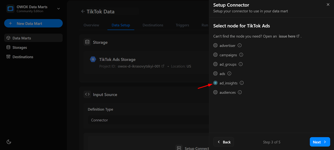 Node selection menu for TikTok Ads with options like ad_insights. i-shadow