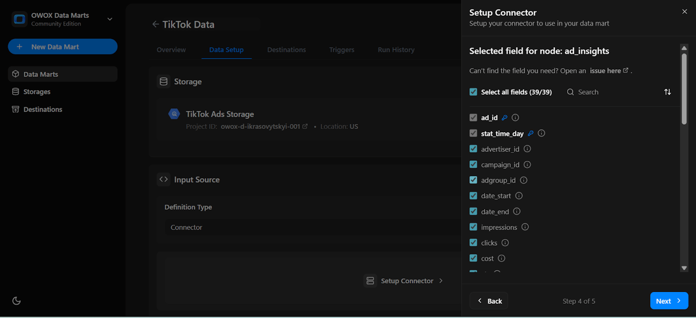 List of available fields from TikTok Ads API to include in the connector. i-shadow