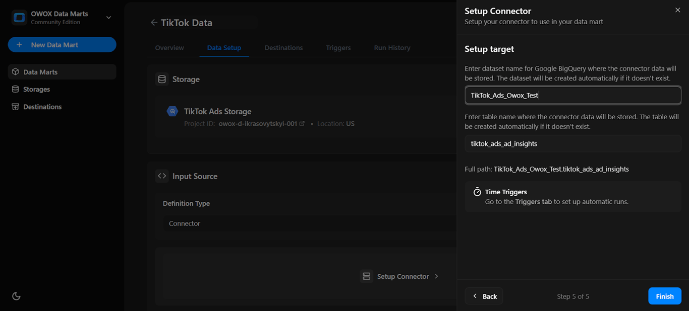 Final setup screen showing the target dataset and table path in BigQuery with time triggers hint enabled. i-shadow