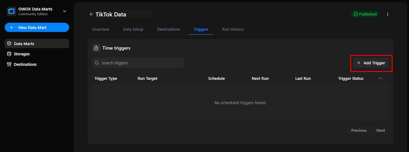 Triggers tab in OWOX Data Marts showing the option to add a new time trigger, with no scheduled triggers currently listed for the TikTok Data mart. i-shadow