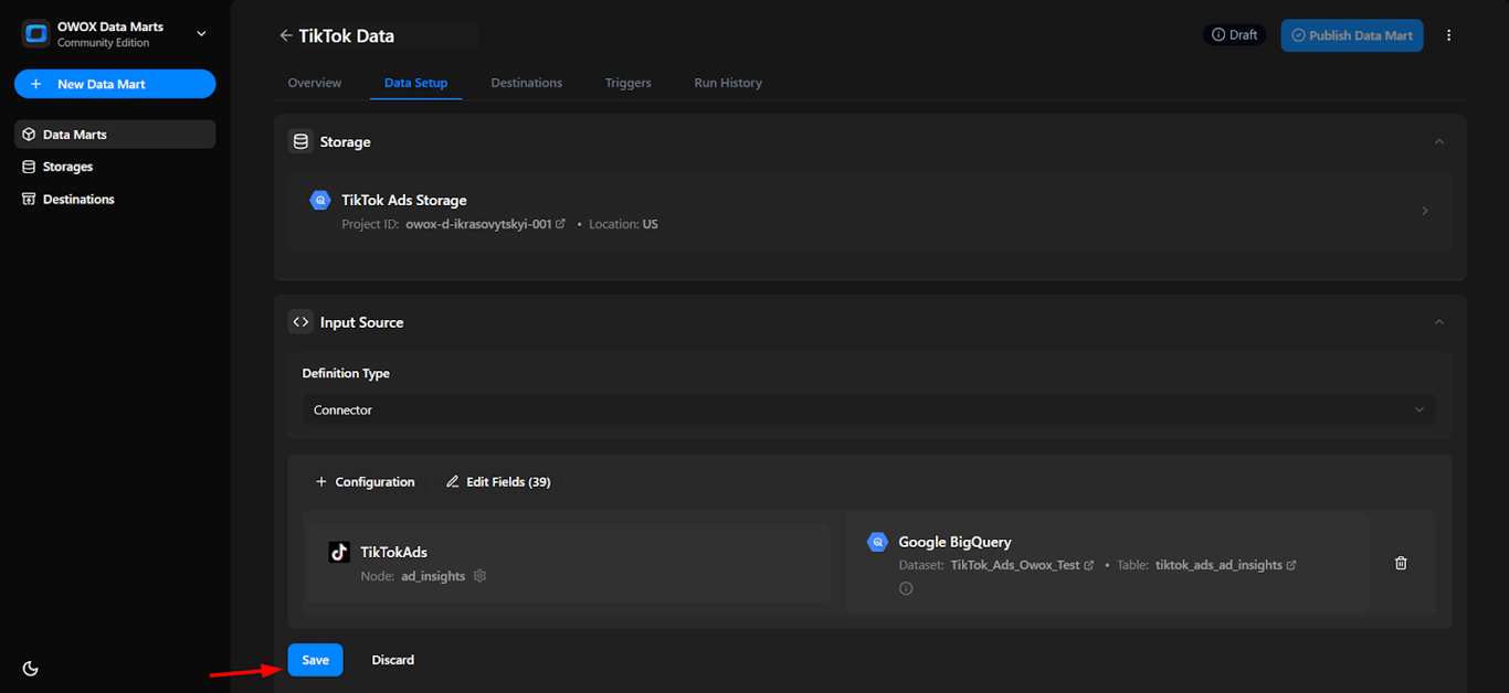 OWOX Data Marts configuration screen showing successful mapping between TikTok Ads and BigQuery table with a Save button. i-shadow