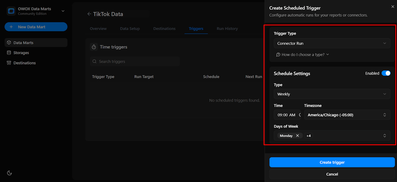 Scheduled trigger setup screen in OWOX Data Marts showing trigger type and scheduling options for automating data runs. i-shadow