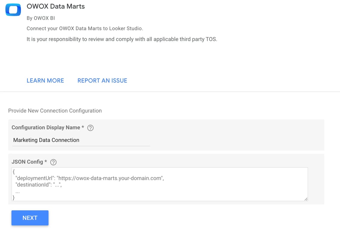 Looker Studio interface showing the configuration screen to connect OWOX Data Marts using a JSON Config with deployment URL and destination ID. i-shadow