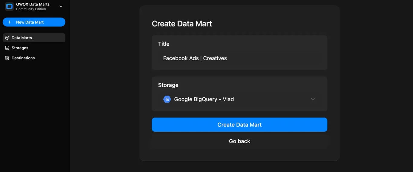 Interface showing how to create a new Data Mart in OWOX using Google BigQuery as the selected storage. i-shadow
