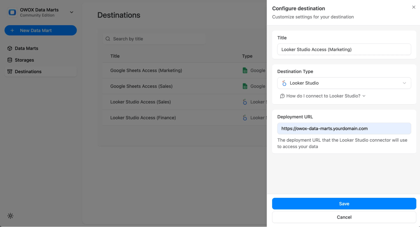 Destination setup in OWOX Data Marts with “Looker Studio” selected as the destination type and a custom deployment URL entered to connect Looker Studio with the OWOX server. i-shadow